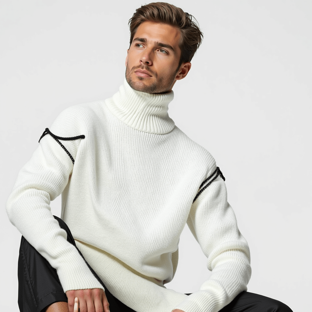 Men’s Turtleneck Sweater – Ribbed Knit – White with Contrast Detail