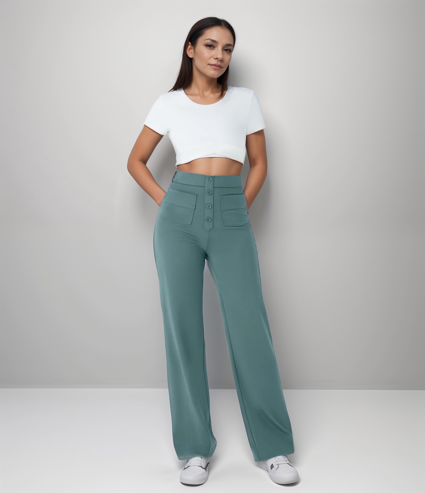 High-Waisted Pants – Button Front – Stretch Comfort Fit
