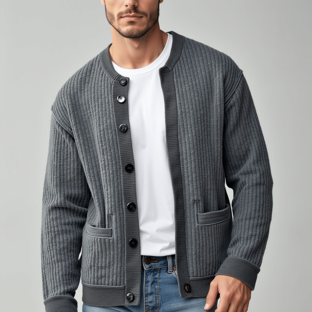 Men’s Ribbed Knit Cardigan – Button-Up – Charcoal Grey Minimal Style