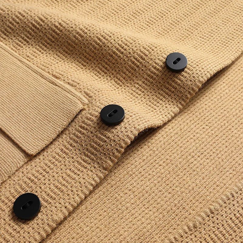 Men’s Knit Cardigan – Utility Pockets – Camel with Black Contrast