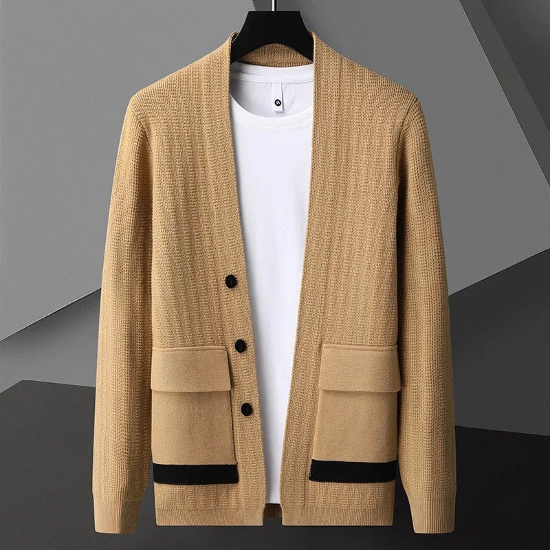 Men’s Knit Cardigan – Utility Pockets – Camel with Black Contrast