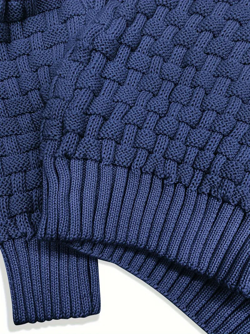 Men’s Knit Sweater – Navy Waffle Texture – Button Collar Detail