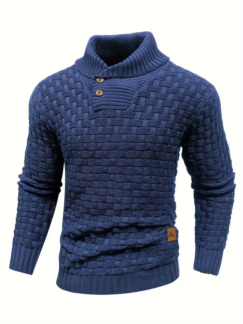 Men’s Knit Sweater – Navy Waffle Texture – Button Collar Detail