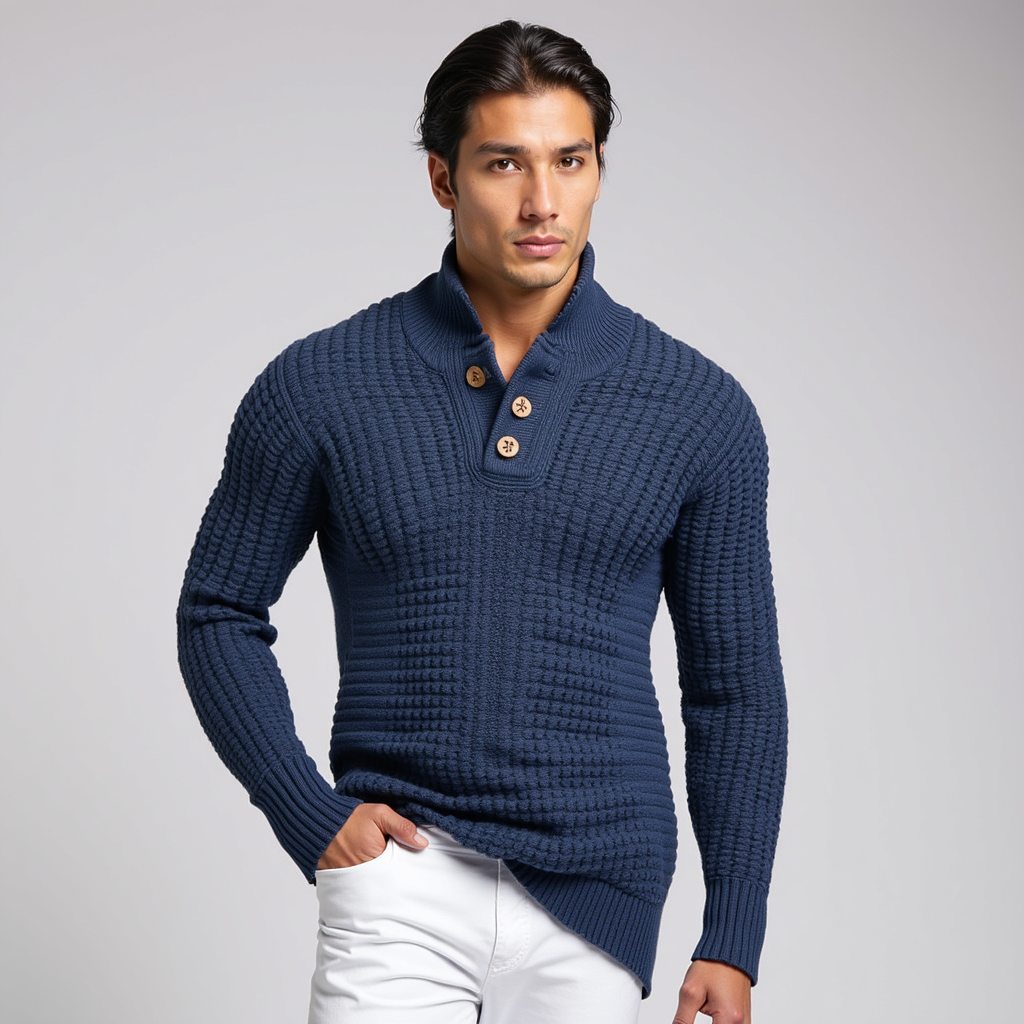 Men’s Knit Sweater – Navy Waffle Texture – Button Collar Detail