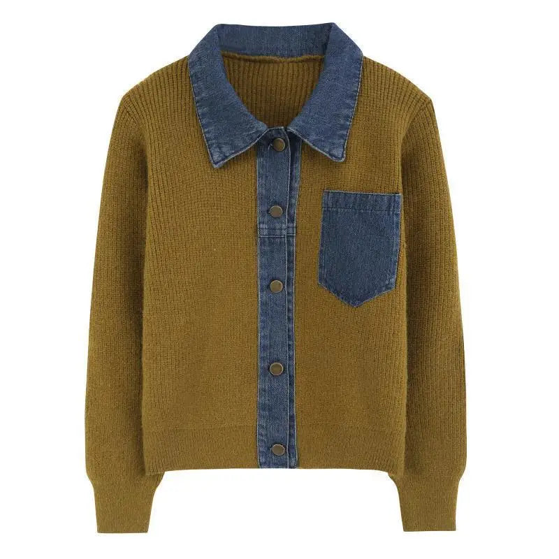 Knitted Cardigan – Denim Splicing – Cozy Winter Layering Style