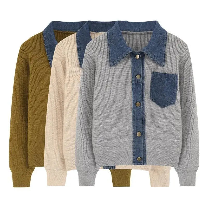 Knitted Cardigan – Denim Splicing – Cozy Winter Layering Style