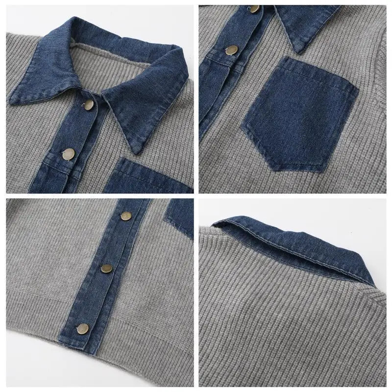 Knitted Cardigan – Denim Splicing – Cozy Winter Layering Style