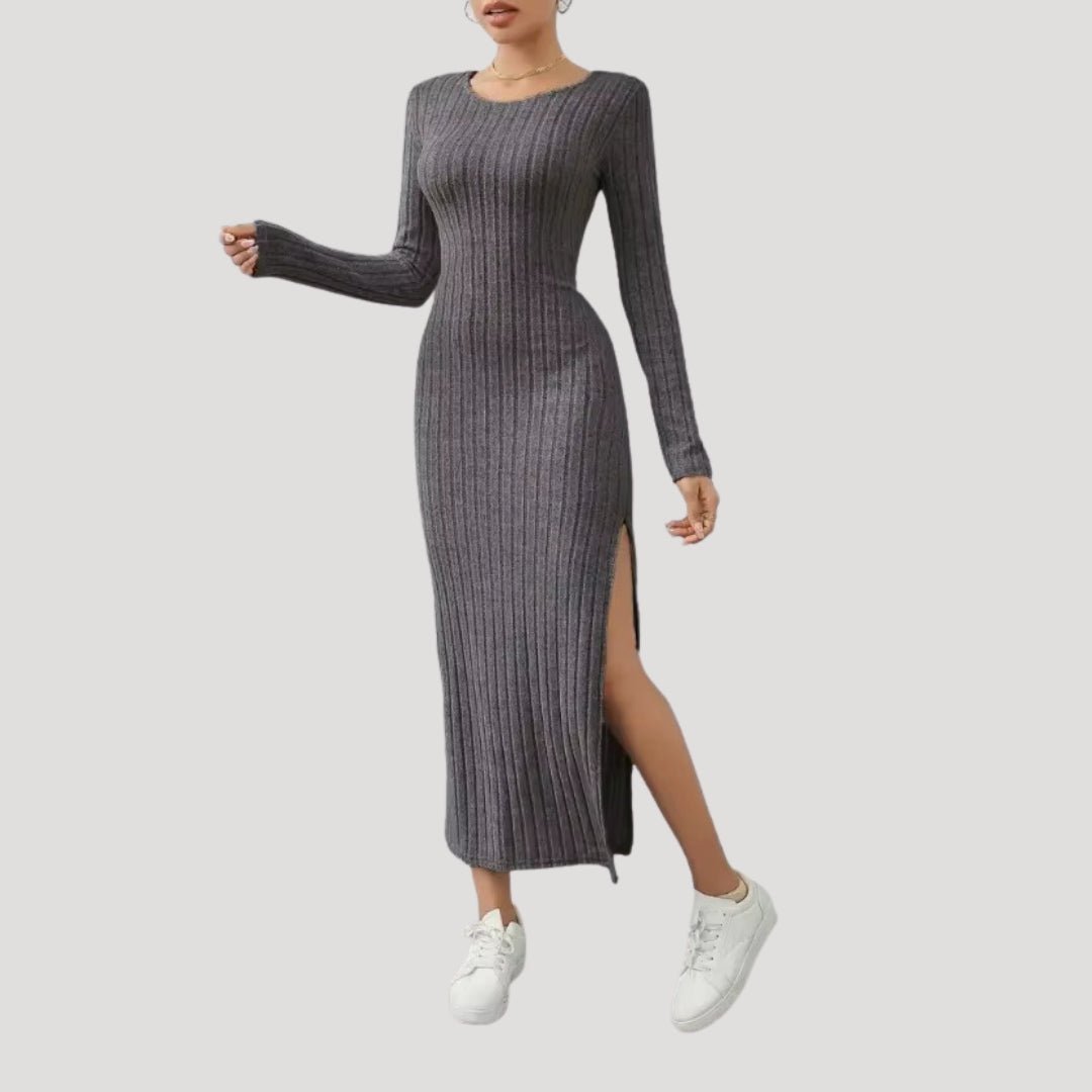 Ribbed Midi Dress – Bodycon Fit – Long Sleeve Casual Elegance