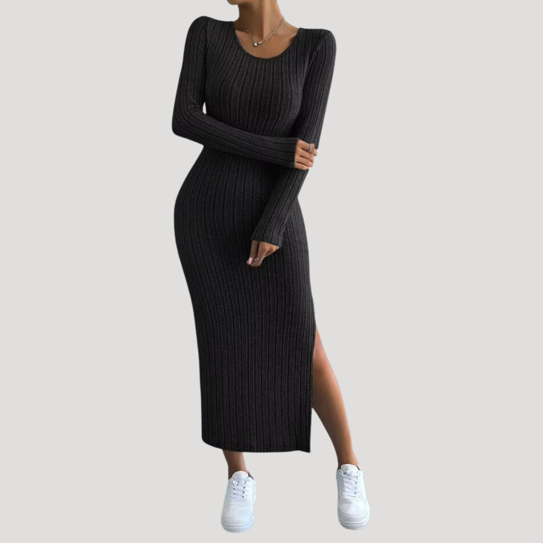 Ribbed Midi Dress – Bodycon Fit – Long Sleeve Casual Elegance