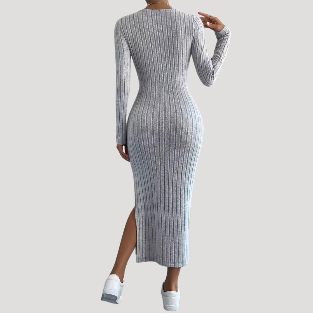 Ribbed Midi Dress – Bodycon Fit – Long Sleeve Casual Elegance