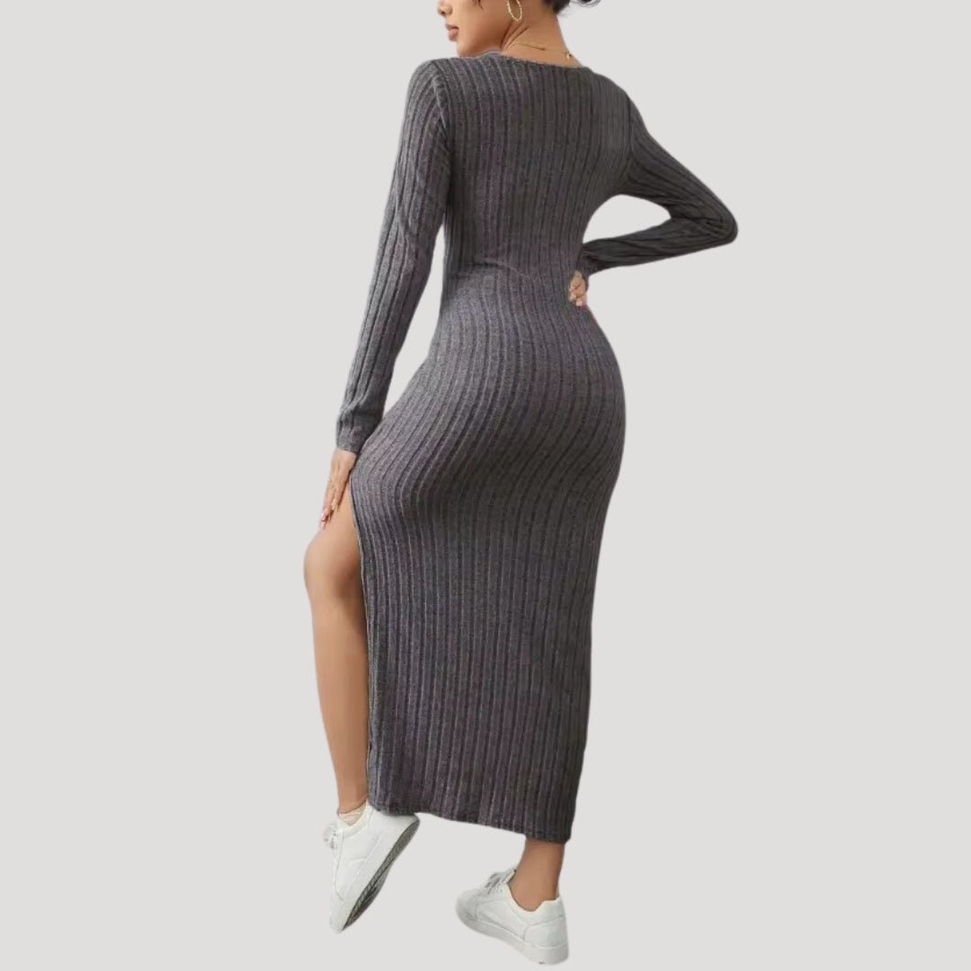 Ribbed Midi Dress – Bodycon Fit – Long Sleeve Casual Elegance