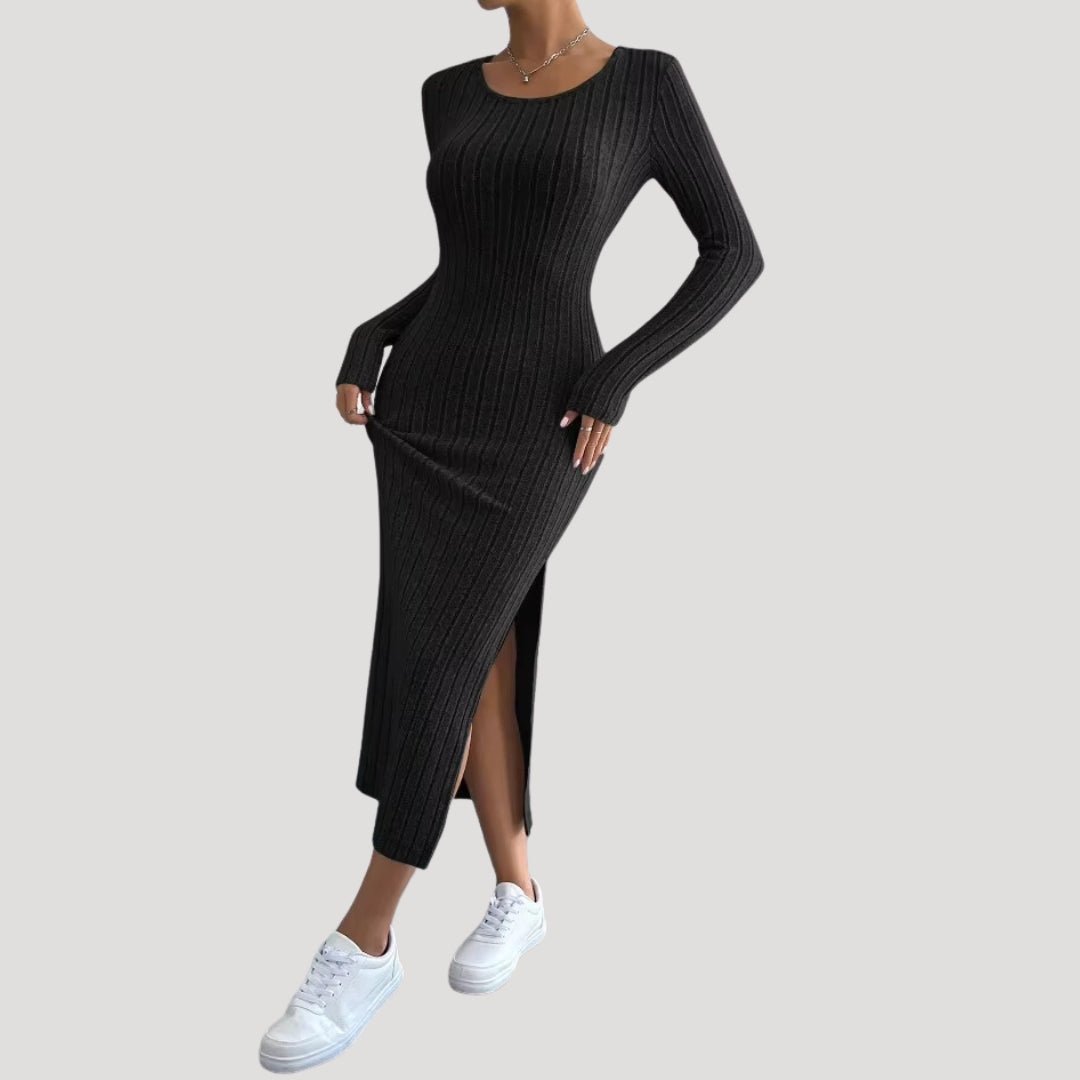 Ribbed Midi Dress – Bodycon Fit – Long Sleeve Casual Elegance