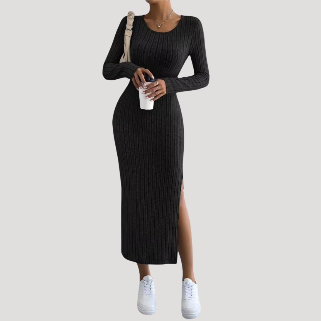 Ribbed Midi Dress – Bodycon Fit – Long Sleeve Casual Elegance