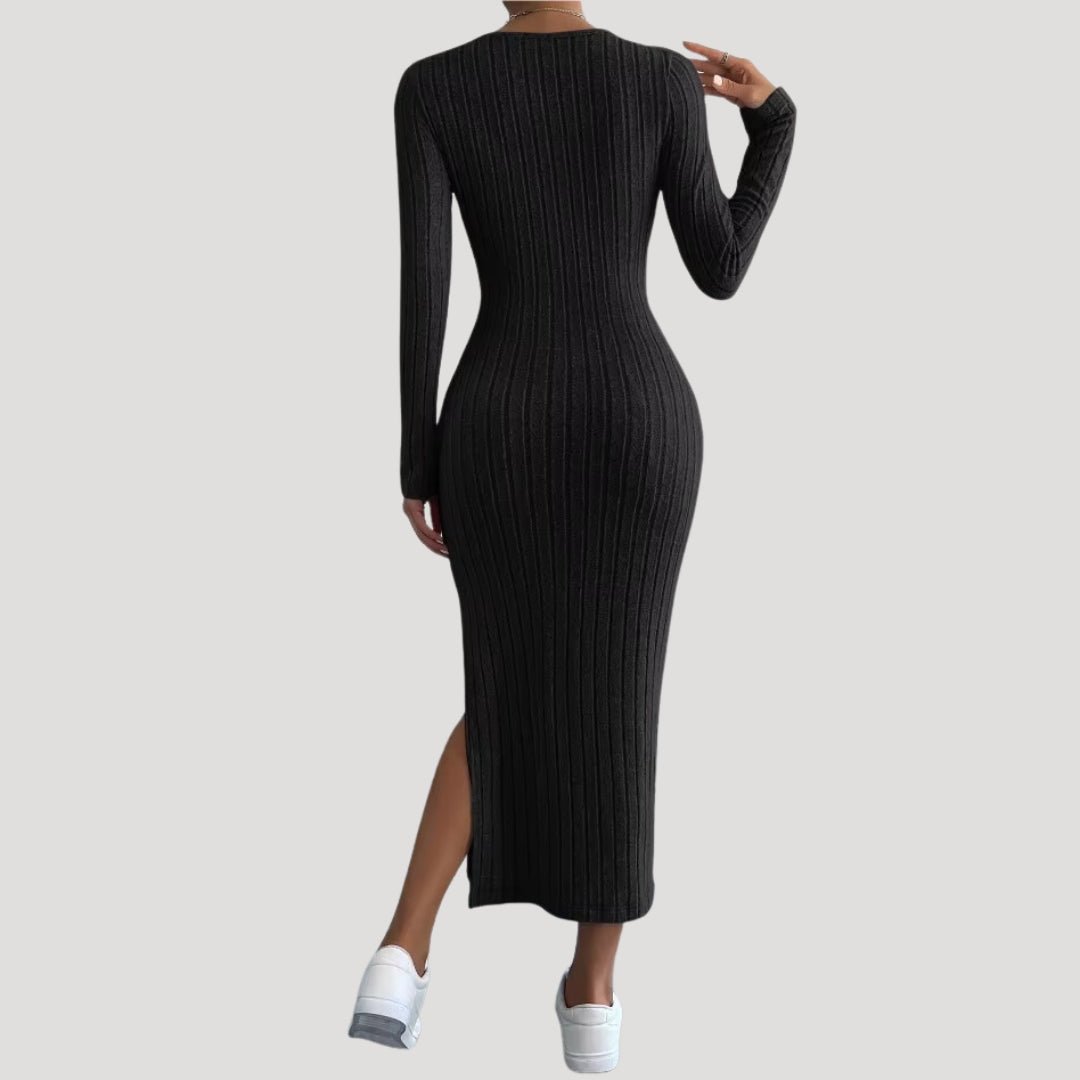 Ribbed Midi Dress – Bodycon Fit – Long Sleeve Casual Elegance