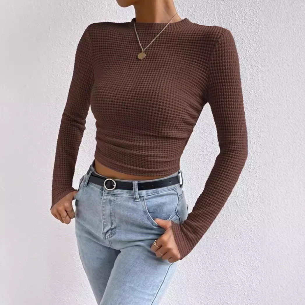 Crop Top – Waffle Knit Texture – Casual Long Sleeve Style