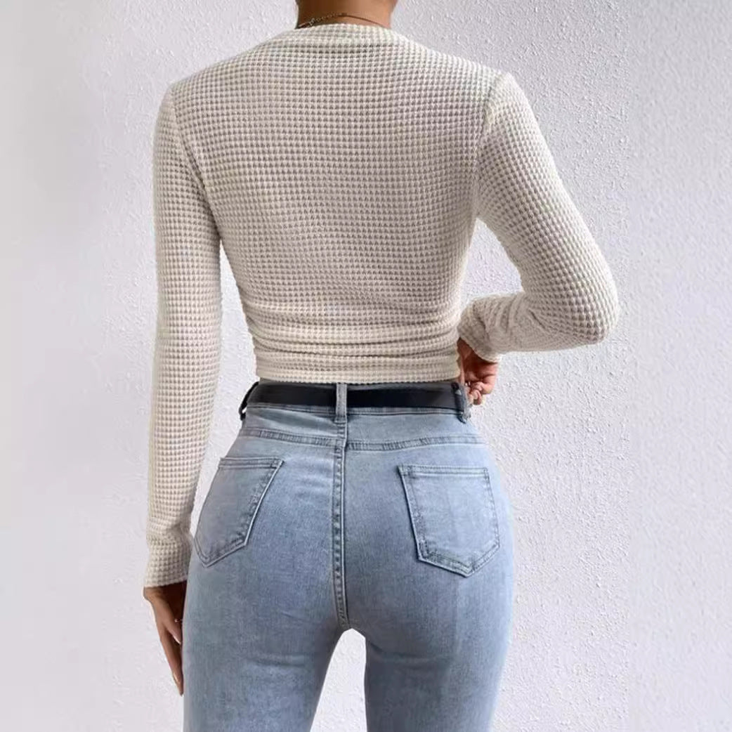 Crop Top – Waffle Knit Texture – Casual Long Sleeve Style
