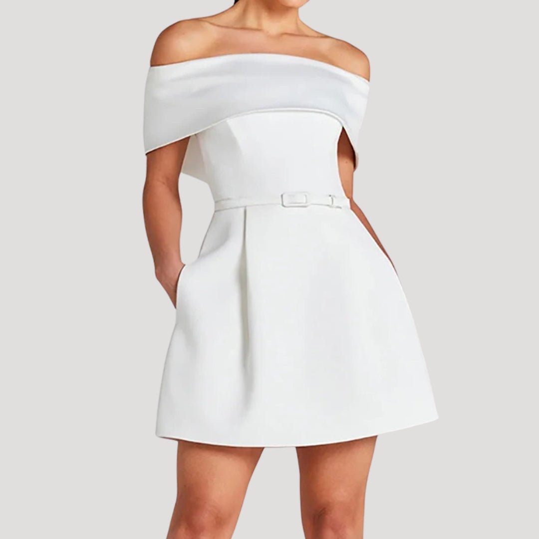 Off-Shoulder Mini Dress – Belted Waist – Elegant Party Style