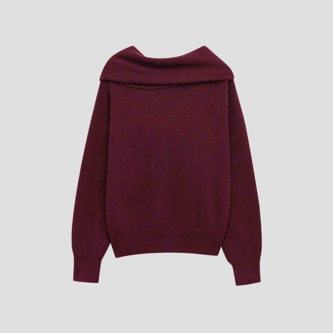 Off-Shoulder Knit Sweater – Ribbed Collar – Feminine Winter Style