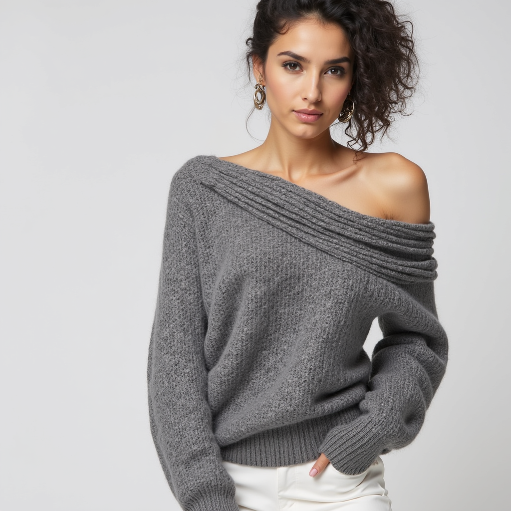 Off-Shoulder Knit Sweater – Ribbed Collar – Feminine Winter Style