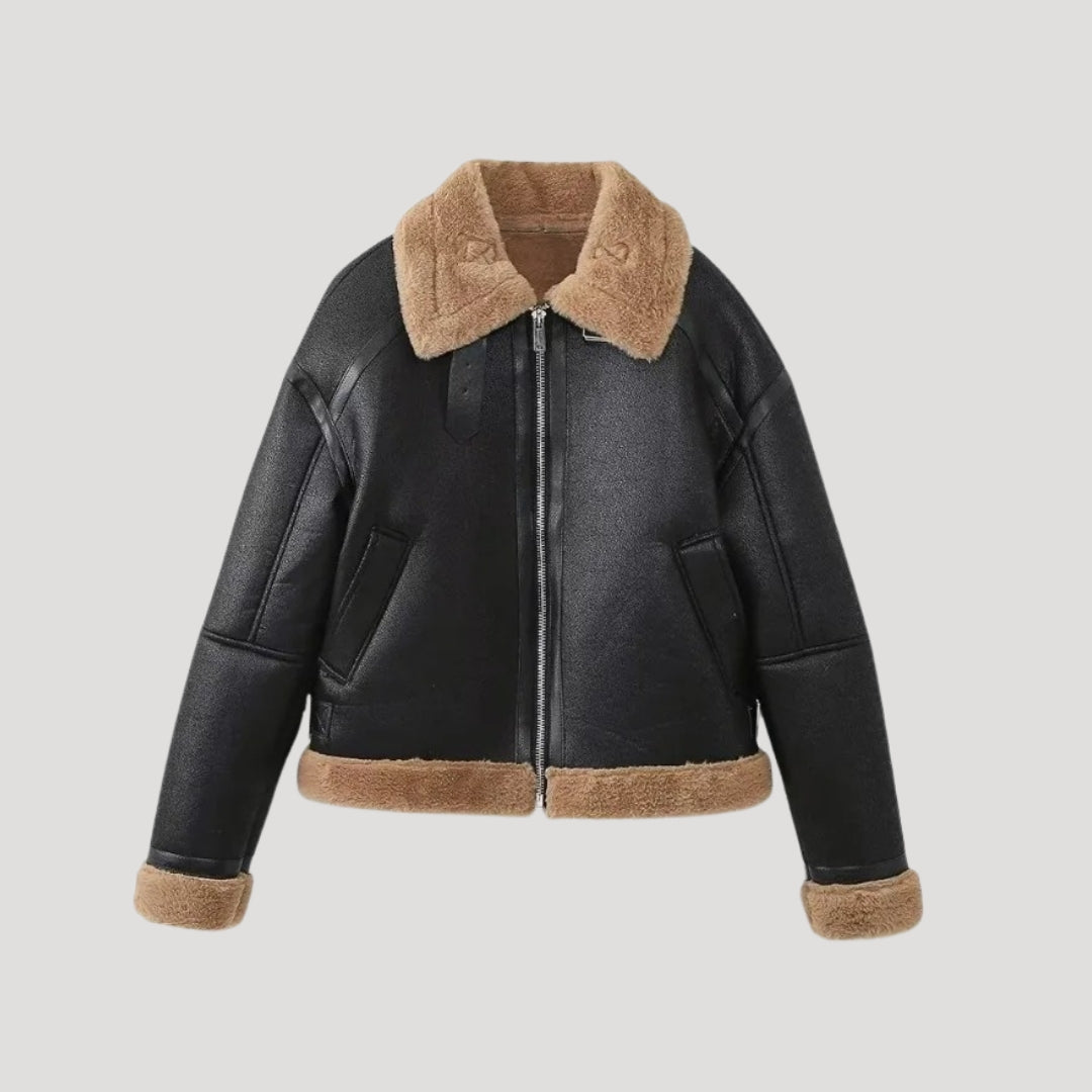 Faux Leather Jacket – Shearling Trim – Elegant Winter Style
