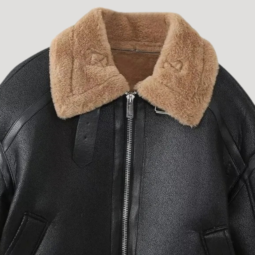 Faux Leather Jacket – Shearling Trim – Elegant Winter Style