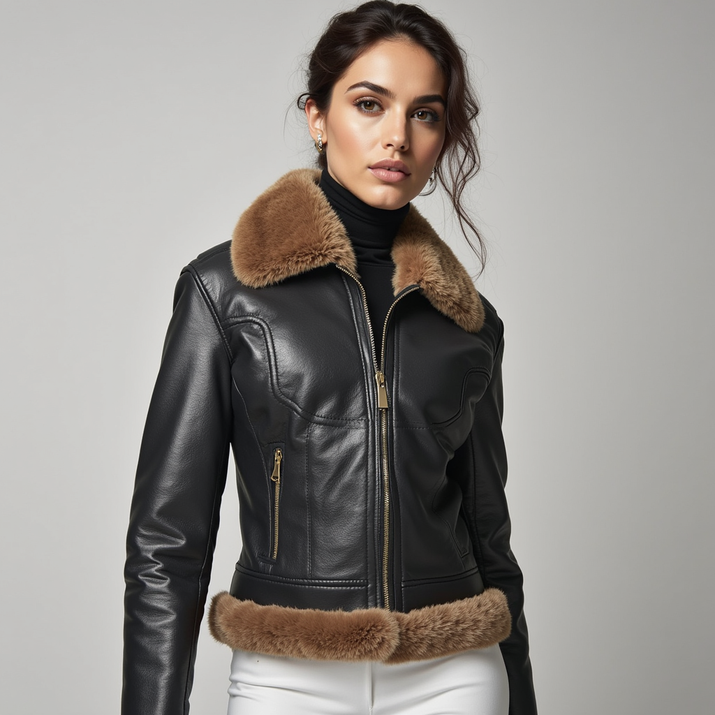 Faux Leather Jacket – Shearling Trim – Elegant Winter Style