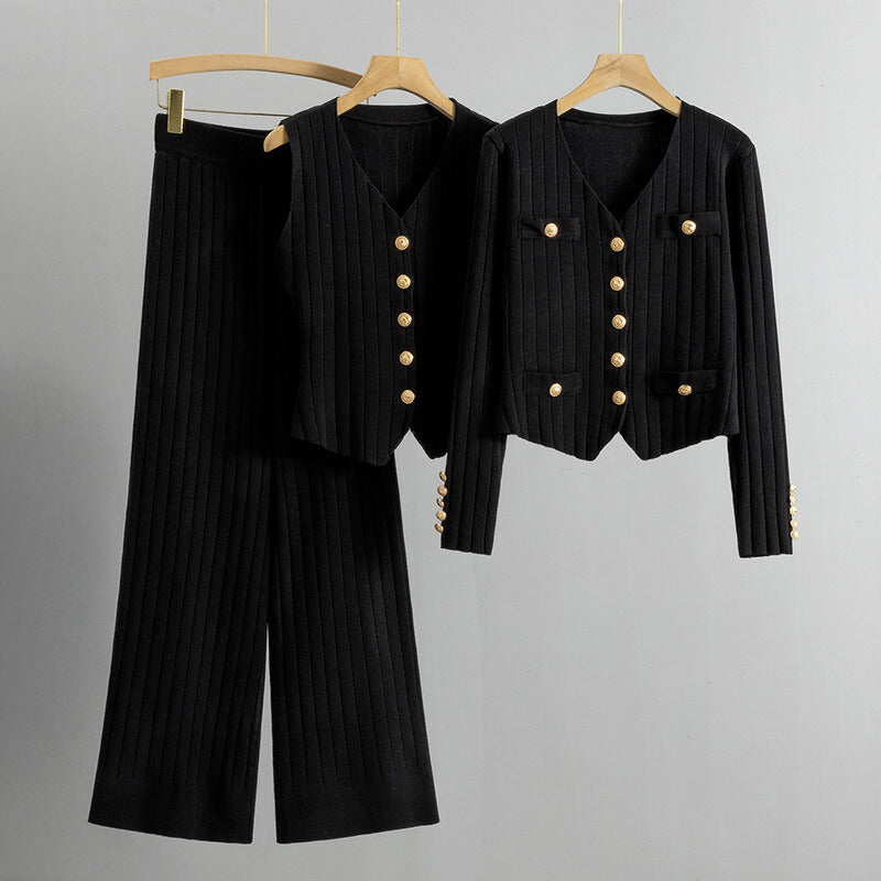 Tricot Knit Set – Buttoned Vest & Cardigan – Elegant Lounge Style