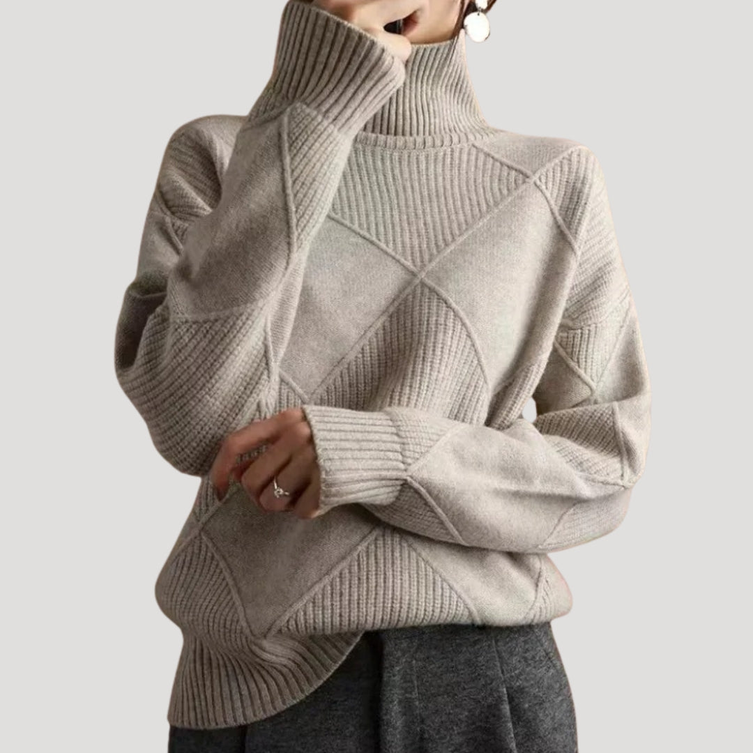 Turtleneck Sweater – Mustard Knit – Diamond Cable Pattern