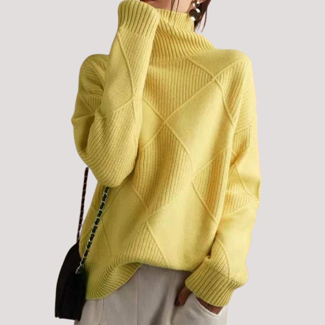 Turtleneck Sweater – Mustard Knit – Diamond Cable Pattern
