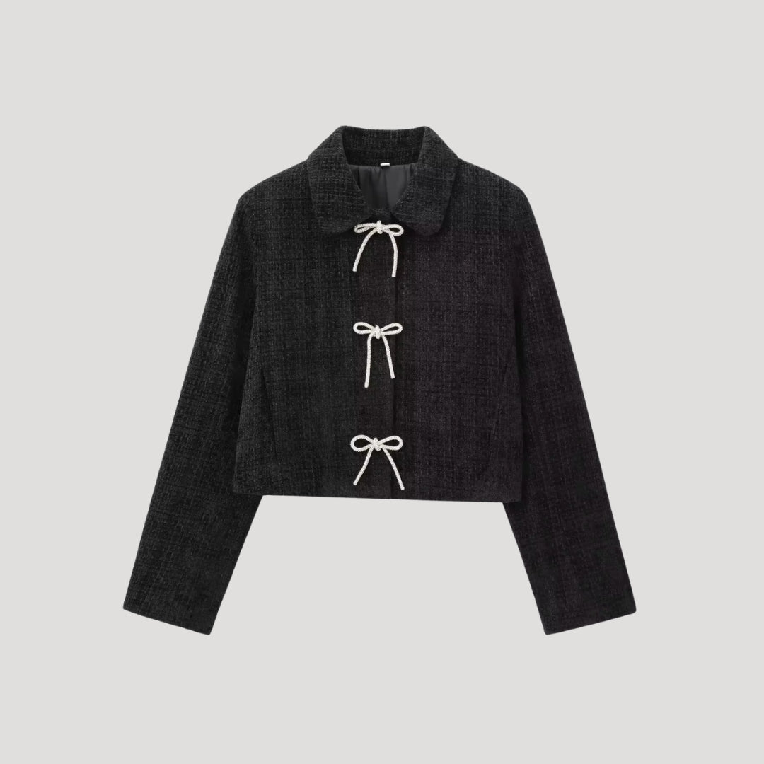 Tweed Jacket – Bow Tie Front – Chic Cropped Style