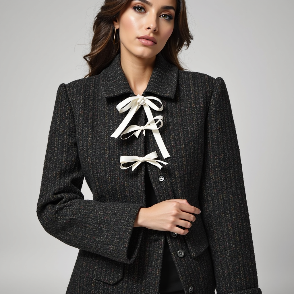 Tweed Jacket – Bow Tie Front – Chic Cropped Style
