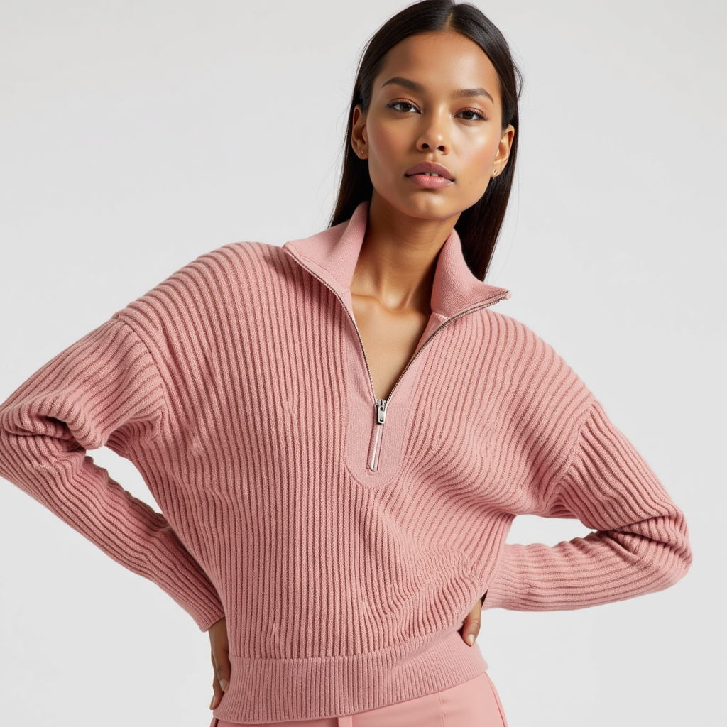 Quarter-Zip Sweater – Ribbed Knit – Sporty Casual Look