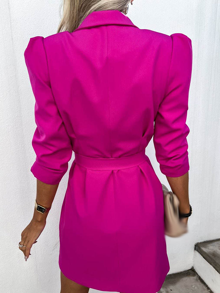 Women’s Blazer Dress – Tailored Fit – Double-Breasted – Belted Waist – Padded Shoulders