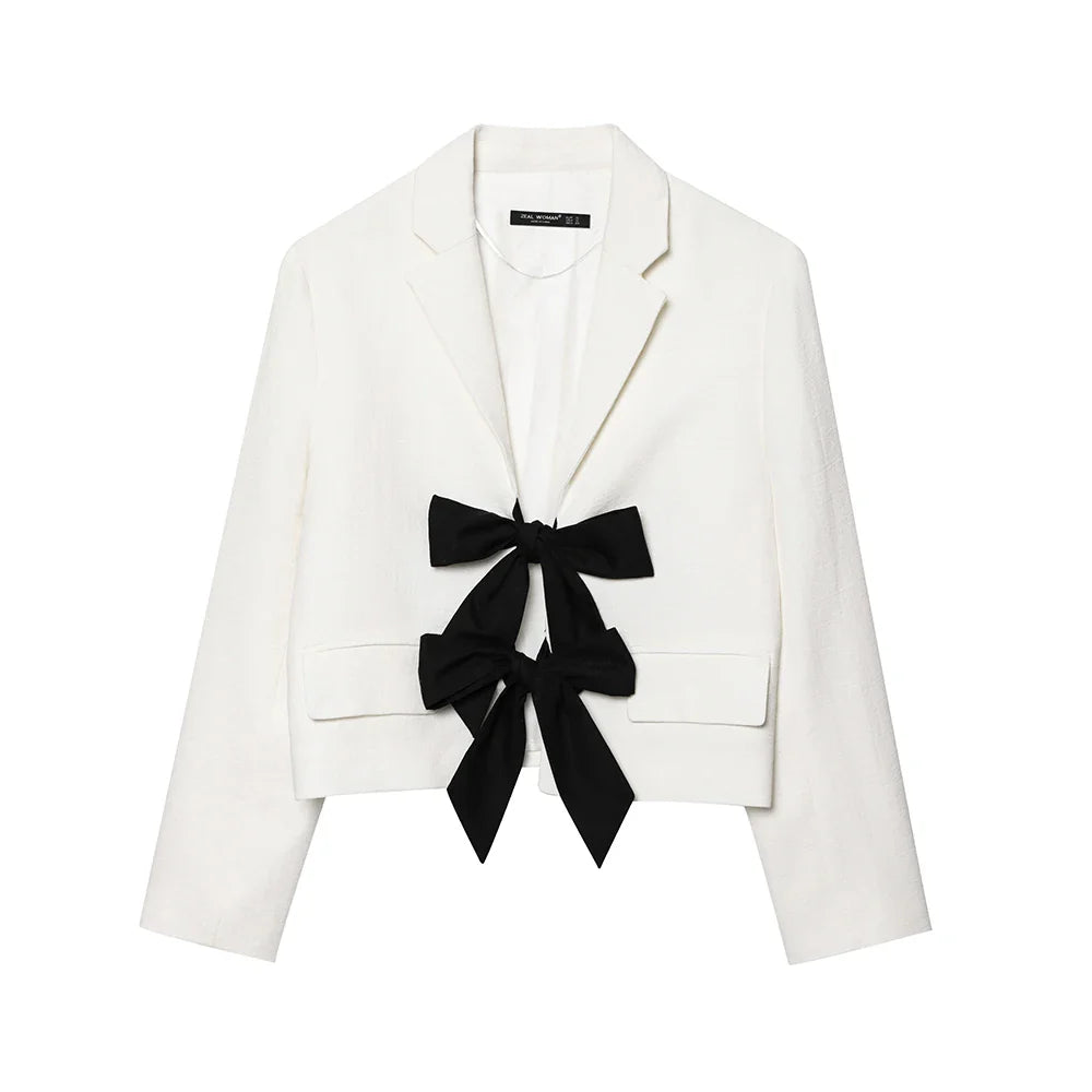 Women's Cropped Blazer Cotton with Bow Detail