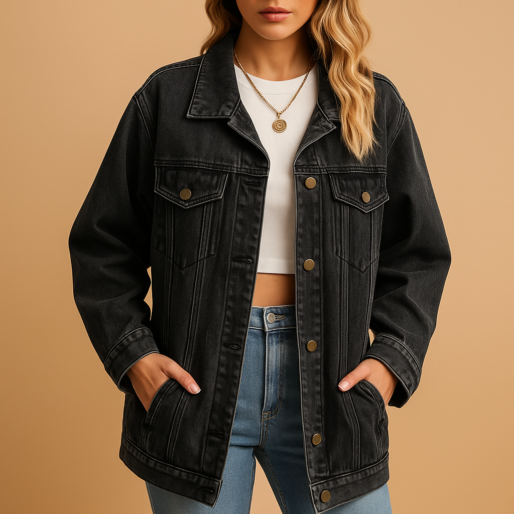 Women's Denim Winter Jacket with Button Closure