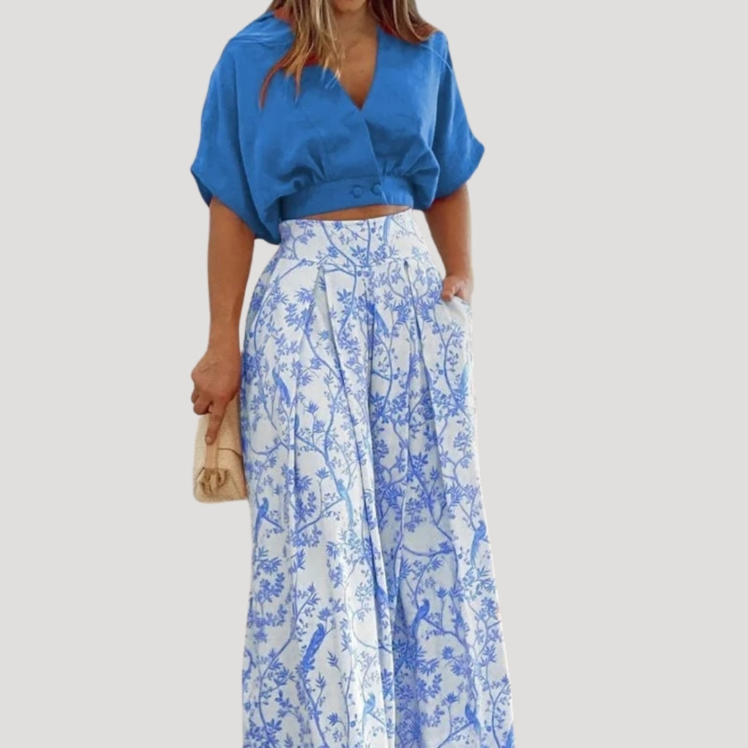 Co-Ord Set – Wide Leg Trousers & Wrap Top – Summer Casual Style